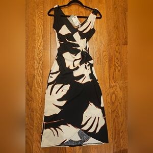 H&M Black and Cream Leaf Print Midi Dress